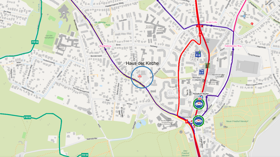Kartenausschnitt um das Hau der Kirche mit Kennzeichnung von ÖPNV und Radinfrastruktur